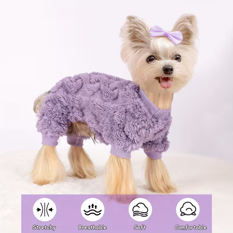 Dog Fleece Jumpsuit 4-Leg Onesie Sweater for Small Dogs & Cats 1-15lbs, Warm Pullover Pet Clothes Fall Winter Pajamas for Chihuahua Yorkie Puppies, Sizes XXS XS S M, Rose Pink Blue Purple