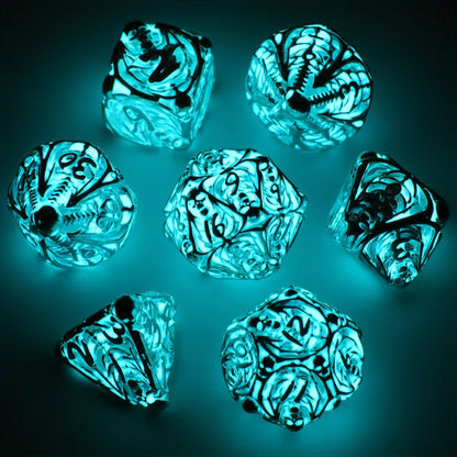 Metal Skull Dice Set 7pcs Glow in the Dark – Hollow UV Fluorescent Polyhedral DnD RPG Dice for Dungeon Masters, Skeleton Design Blue, Tabletop Gamer Gift Halloween Christmas Birthday