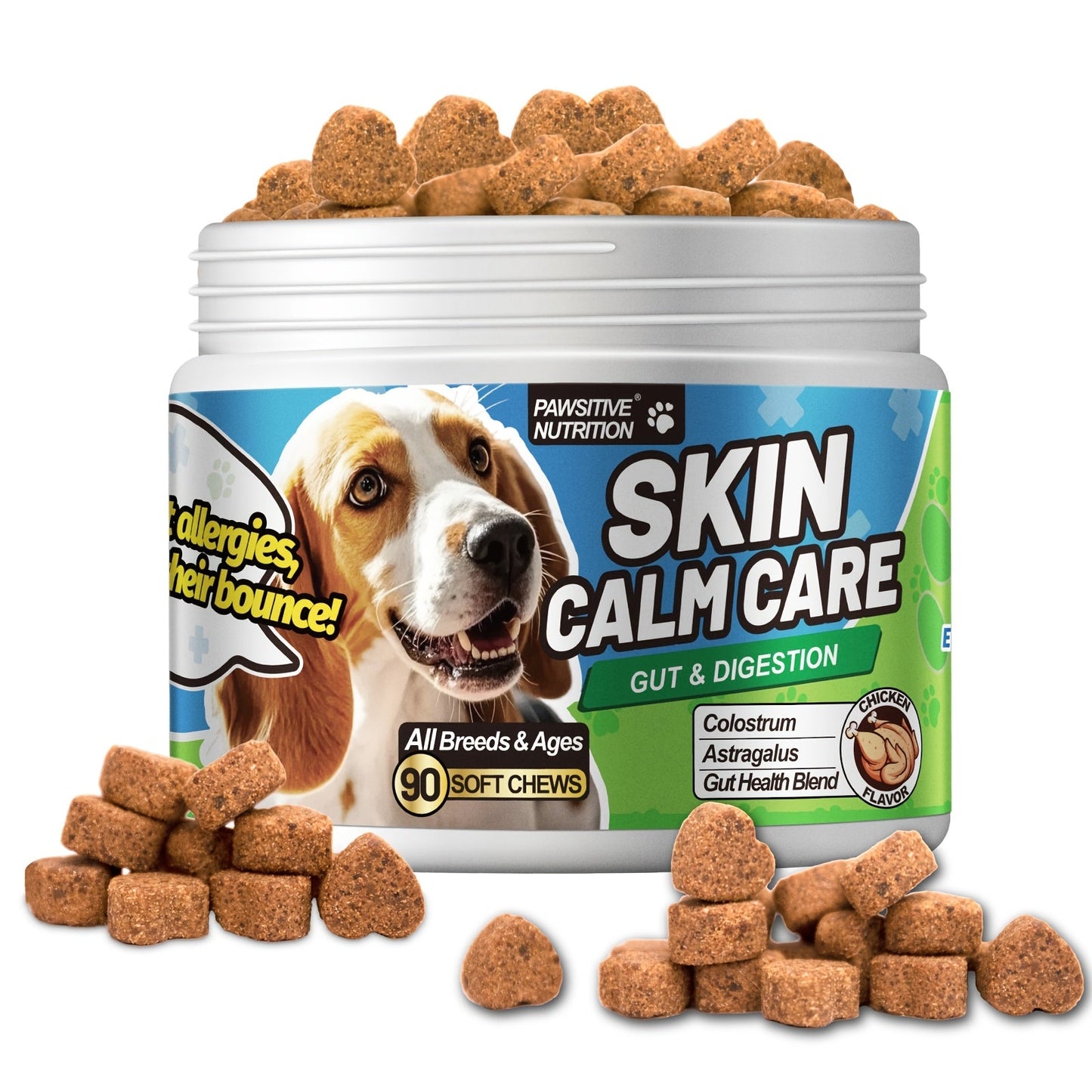 Dog Skin & Immune Probiotic Chews with Bovine Colostrum - 6 Billion CFUs, Dried Fermentate & Astragalus for Skin Calm & Immune Support, Chicken Flavor Soft Chews for All Dogs, 90 Count