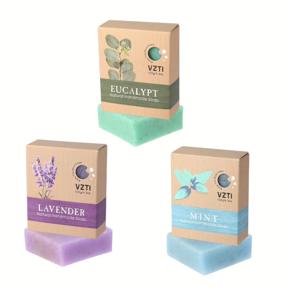 Natural Bar Soap Handmade 3pc & 6pc Set - Exfoliating Moisturizing Body Soap with Eucalyptus, Lavender, Mango & Shea Butter Essential Oils, Deep Cleansing 122g Bath Soap Gift Set for Women Men