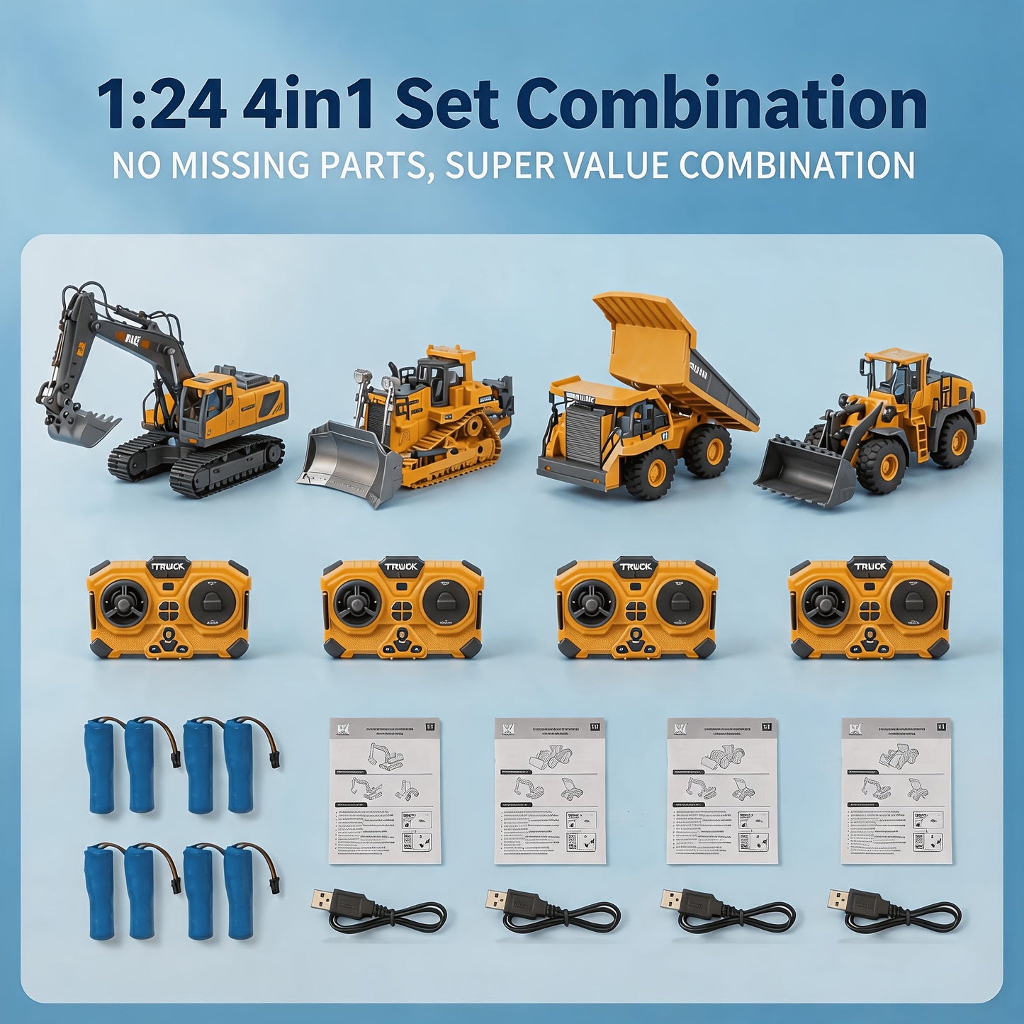 RC Construction Vehicle Set 2.4G 11-Channel Remote Control Excavator Dump Truck Bulldozer | 1:24 & 1:64 Alloy Engineering Toy | 2-in-1, 3-in-1, 4-in-1 Kit for Kids Adults