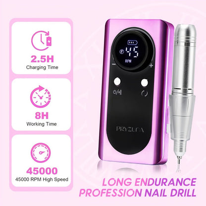 Nail Drill Machine 45000 RPM Brushless Motor 10-Hour Battery Electric Nail File with LCD Smart Screen 6 Drill Bits 6 Sanding Bands – Forward Reverse Low Noise Nail Grinder for Gel Acrylic Nails Home Salon