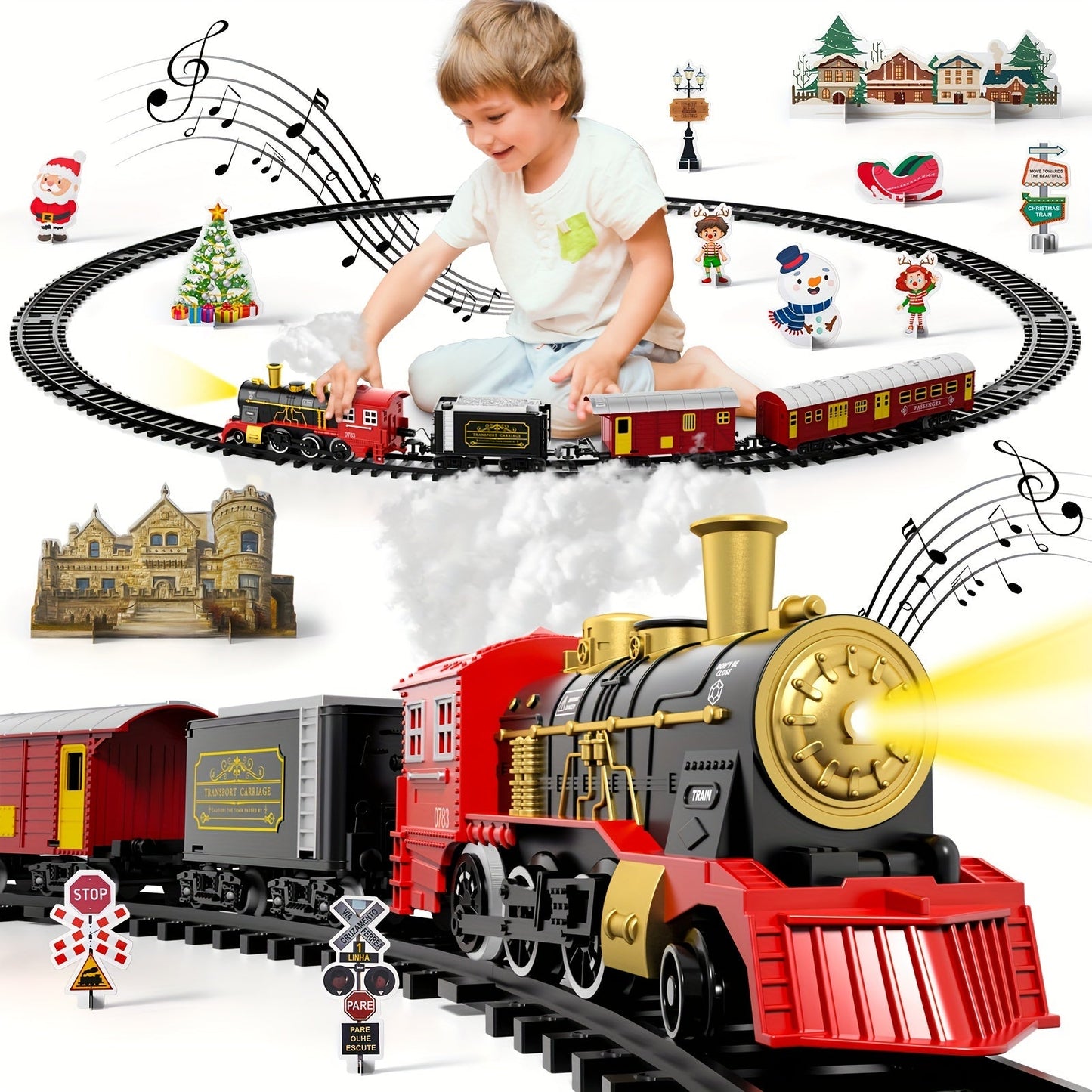Electric Train Set for Kids with Steam Locomotive Engine Lights & Sound – Classic Christmas Train Toy with 16 Tracks 8 Cards for Boys Girls Ages 3+ Birthday Holiday Gift