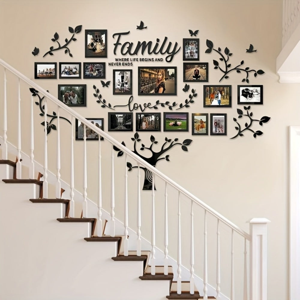Family Tree Wall Sticker 3D Acrylic Photo Frame Collage – Removable Leaf-Shaped Picture Display with "Family" & "Love" Text, Peel & Stick Living Room Wall Decor, 81.5 x 57.48 Inches