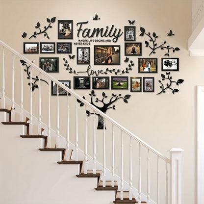 Family Tree Wall Sticker 3D Acrylic Photo Frame Collage – Removable Leaf-Shaped Picture Display with "Family" & "Love" Text, Peel & Stick Living Room Wall Decor, 81.5 x 57.48 Inches
