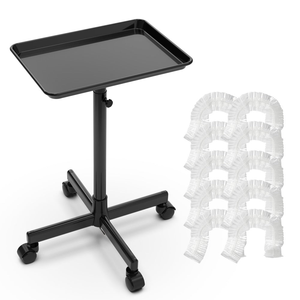 Rolling Salon Tray Cart with 10 Disposable Covers & Adjustable Height – Black Dirt-Proof Mobile Utility Trolley for Tattoo Artist, Spa, Esthetician & Hairstylist