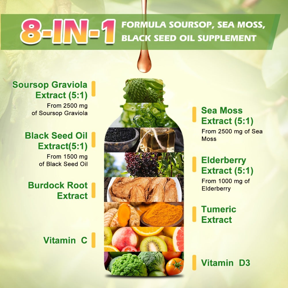 [8-IN-1 Soursop Drops] 1/3 Bottles 8-IN-1 Soursop Liquid Drops, Graviola Leaf & Fruit Complex Supplement With Sea Moss,Black Seed Oil,Elderberry,Burdock Root,Tumeric, Gluten-Free,Serene Herbs Soursop Bitters,Serene Soursop For Daily Health & Wellness