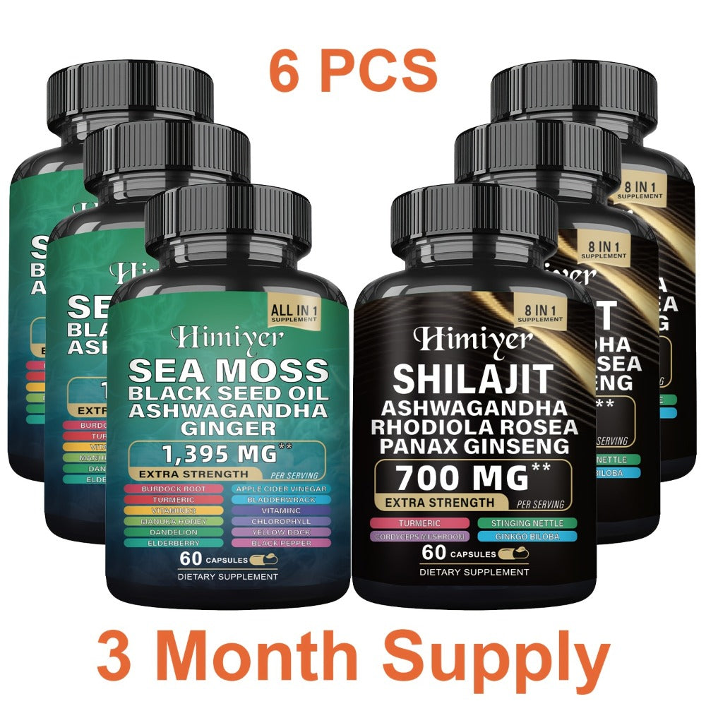 Sea Moss Shilajit Bundle 6-Pack 3-Month Supply with Black Seed Oil Ashwagandha Rhodiola Ginseng Ginger Turmeric - All-in-1 Adaptogen Complex for Energy Immunity & Vitality Men & Women