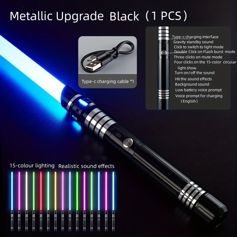 Light Up Saber 15 Colors 2-in-1 Metal Gravity Sensing – Rechargeable Glow Sword with Upgraded LED | Party Glow Sword for Halloween Costume, Christmas Gift for Kids & Adults | Black & Gold