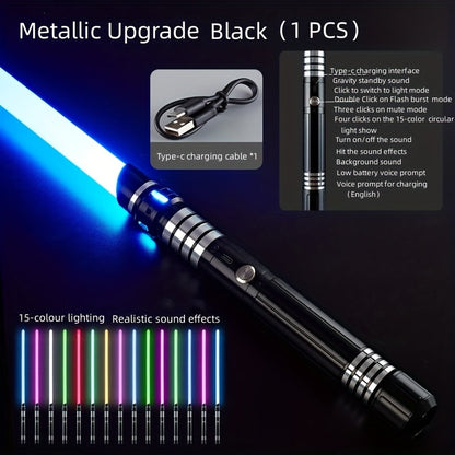 Light Up Saber 15 Colors 2-in-1 Metal Gravity Sensing – Rechargeable Glow Sword with Upgraded LED | Party Glow Sword for Halloween Costume, Christmas Gift for Kids & Adults | Black & Gold