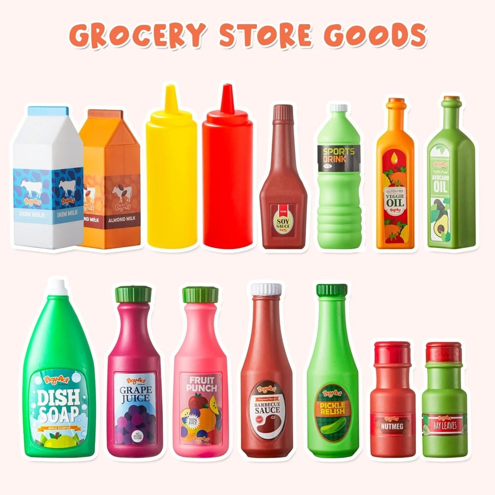 30 Pcs Play Food Grocery Cans Set - Pretend Kitchen Toy with Drinks, Juice, Snacks & Yogurt, BPA-Free Safe, Easter Basket Stuffer, Party Favor Gift for Boys Girls Ages 3+