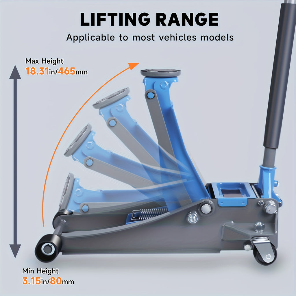 3T Jack Stands(2 PCS) Sold Separately And 2/3/4 Ton Hydraulic Floor Jack, 80- 500mm Lifting Range, Thickened, Anti-Slip Stable Base, Quick Lift for Car SUV Sedan, Safe Lifting Tool for Vehicle Repair And Emergency Use, for Car Jack