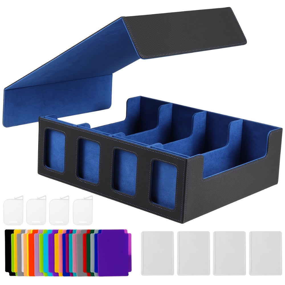 Magnetic Card Storage Box 1200+ Cards with Display Window – 24 Color Dividers 4 Sleeves Grid Boards, Trading Card Organizer for Pokemon MTG Sports YuGiOh TCG, Blue Red Gray Purple