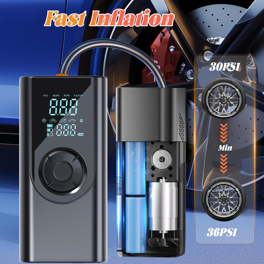Portable Tire Inflator Pump with Digital Pressure Gauge - USB Rechargeable Air Compressor for Cars, Motorcycles, SUVs, Bikes, And Sports Balls - Large Capacity Battery Battery, LED Light, And USB Charging