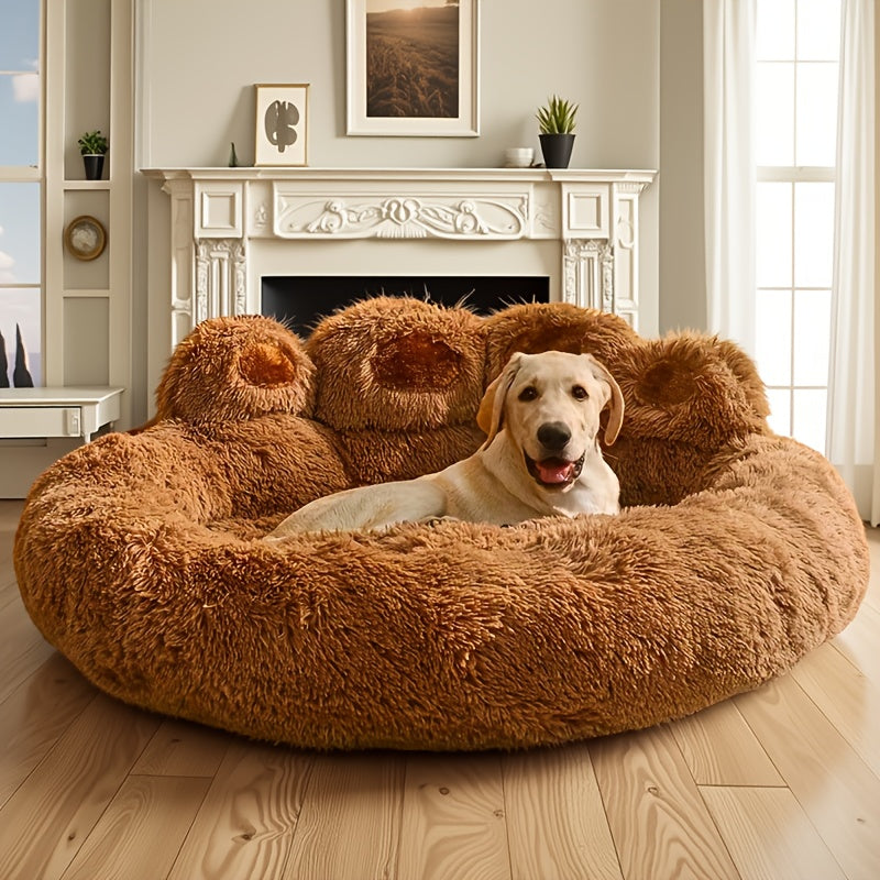Plush Dog Bed Bear Paw Design – Thickened Soft Warm Pet Cushion Bed for Dogs & Cats, Non-Slip Bottom, Extra Large Cat Bed, 4 Sizes ML/L/XL/2XL – Pink, Grey, Coffee