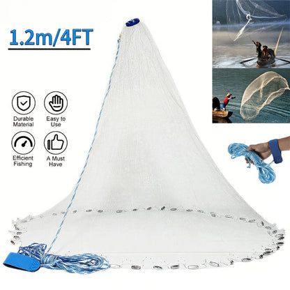 Fishing Cast Net 8FT 10FT with Real Zinc Sinker Weights, Nylon Monofilament Mesh 1.3cm, Heavy Duty Saltwater Bait Trap Net Easy Throw for American Fishing 240/300 Steel Drop
