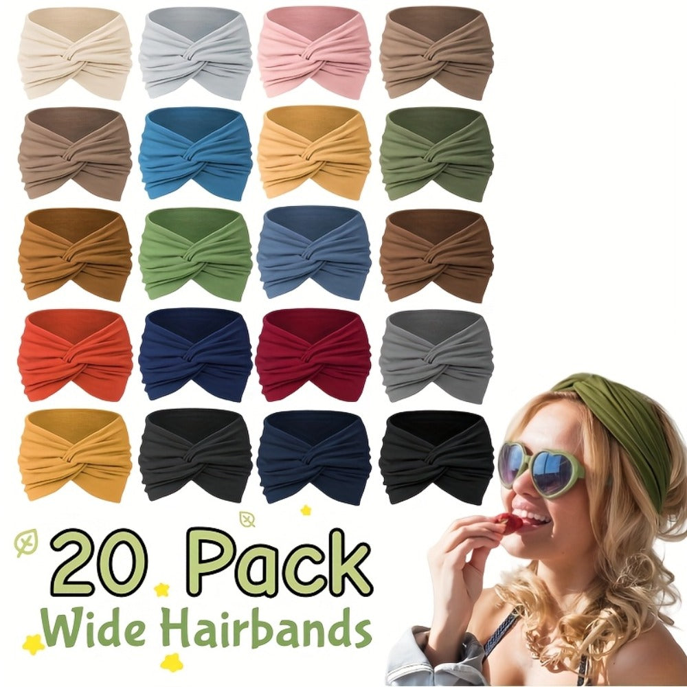 Stretchy Headbands 20 Pack for Women & Men – Soft Sweat-Wicking Non-Slip Elastic Turban Knot Hair Wraps Breathable Solid Colors for Yoga Running Gym Workout Daily Fashion Bulk Set