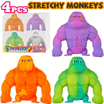 Squishy Monkey Stretchy Fidget Toy 4pcs – Mega Gorilla Squish & Stretch Stress Relief Toy, PVA Sponge Filling, Random Colors, Fun Kids Sensory Toy Party Favor Gift