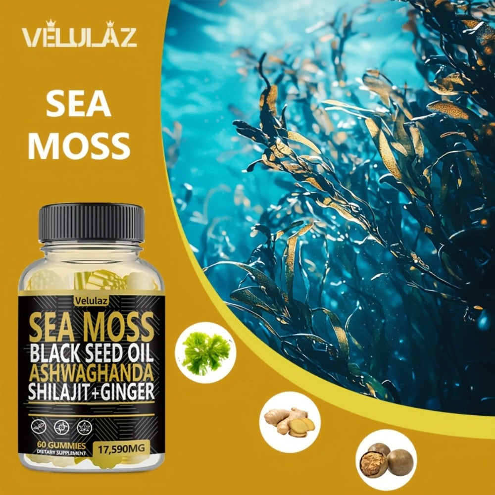 Sea Moss Gummies 10-in-1 Superfood Blend 60 Count 17590mg - Black Seed Oil Ashwagandha Shilajit Elderberry Turmeric Bladderwrack Ginger Chlorophyll Daily Immune Energy Wellness Supplement