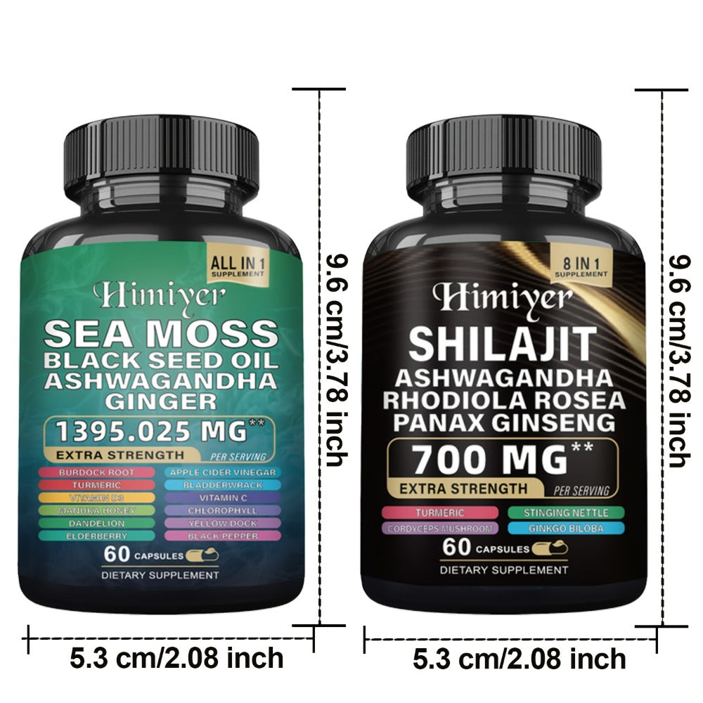 Sea Moss & Shilajit Capsules 12-in-1 Supplement - Bladderwrack Burdock Ashwagandha Black Seed Vitamin C D3 Rhodiola Ginseng Complete Wellness Formula for Energy Immunity Vitality