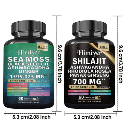 Sea Moss & Shilajit Capsules 12-in-1 Supplement - Bladderwrack Burdock Ashwagandha Black Seed Vitamin C D3 Rhodiola Ginseng Complete Wellness Formula for Energy Immunity Vitality