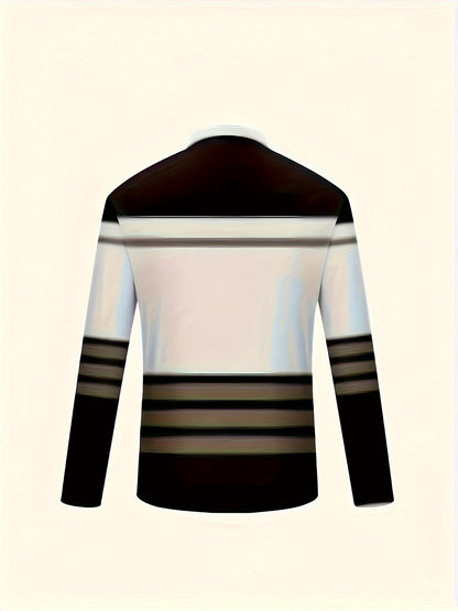 Men's Zip Collar Polo – Striped Long Sleeve Shirt