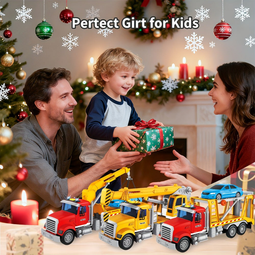 13-Inch Tow Truck Toy with Lights & Sounds – Friction Powered Transport Crane Truck for Boys Ages 3 4 5 6, Movable Arm & Towing Ramp, Birthday Christmas Gift