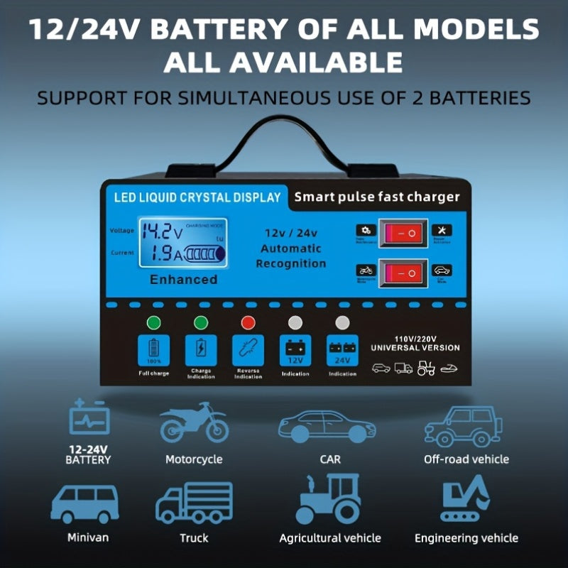 12V And 24V Intelligent Universal Battery Charger Inverter, with LCD Display Intelligent Maintenance Overcharge And Short Circuit Protection, Suitable for Intelligent Trickle Charging Maintenance of Various Cars, Yachts, And Batteries