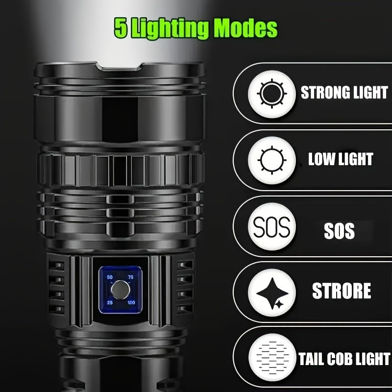 Zoomable COB Flashlight 5 Modes USB Rechargeable Power Bank with COB Tail Light for Camping Hiking Emergency Outdoor Adventures