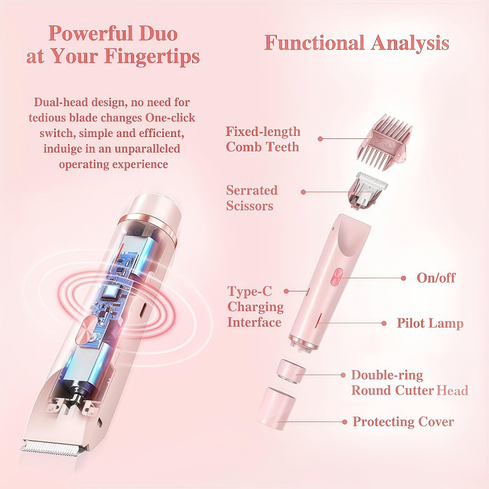 Bikini Trimmer for Women 2-in-1 Dual Head IPX7 Waterproof Electric Shaver Body Hair Trimmer Facial Hair Remover Bikini Underarm Leg Arm Face 90-Min Battery USB Rechargeable Pink Travel-Friendly