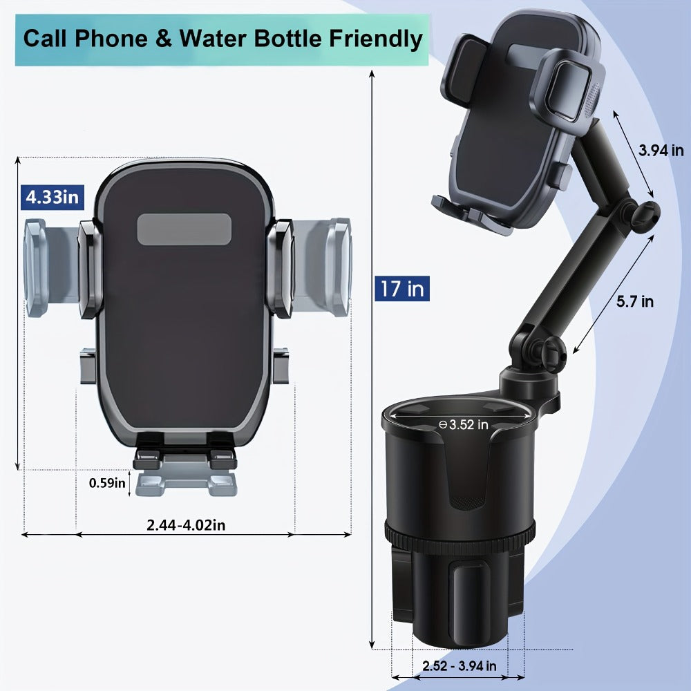 Cup Holder Phone Mount 2-in-1 Car Cup Holder Expander with Long Arm & 360° Rotation – Universal Cell Phone Holder for Car Compatible with All Smartphones