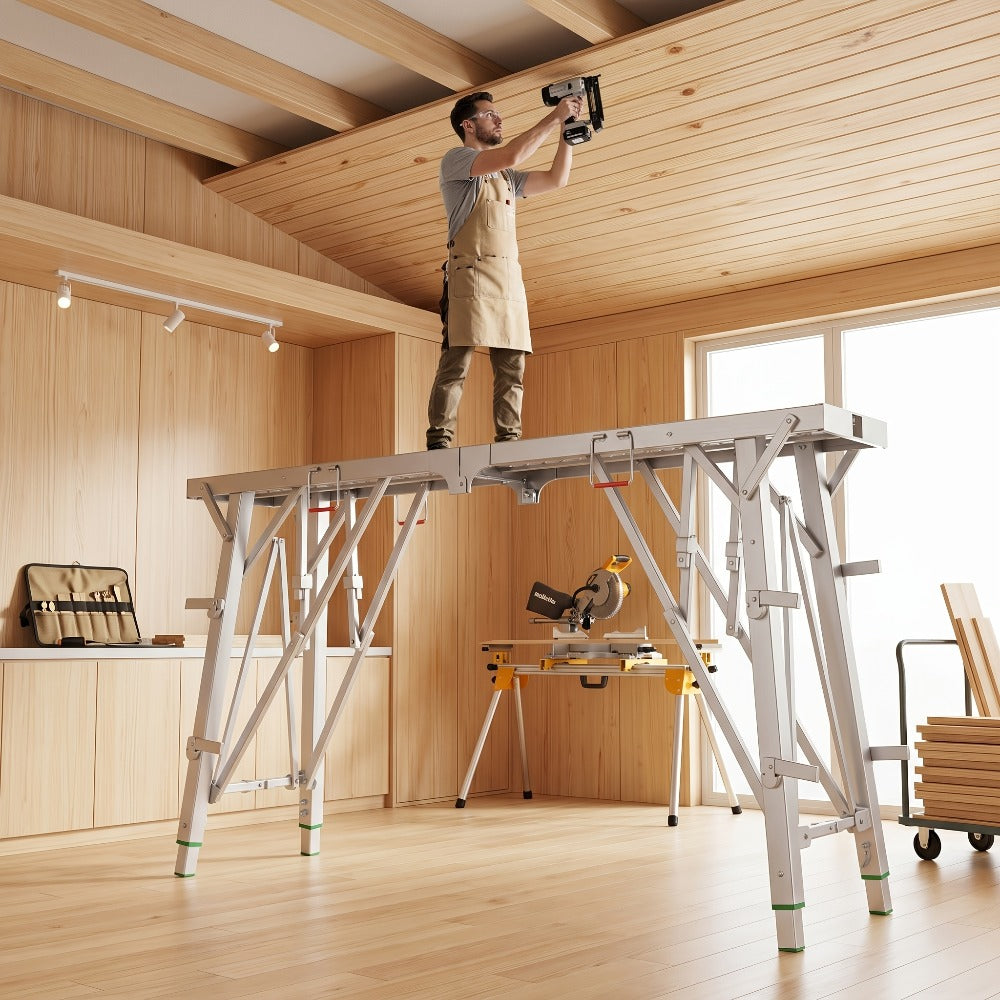 Heavy Duty Folding Work Platform Scaffold 1455 Lbs Capacity Portable Adjustable Height Ladder Stool – Multi-Function Step Stool for Painting Home Renovation Construction Indoor Outdoor Use