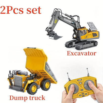 RC Construction Vehicle Set for Kids 2 3 4 Piece 2.4GHz 12-Channel Excavator Dump Truck Bulldozer Loader Alloy Remote Control Construction Equipment Birthday Christmas Gift Boys Ages 3+