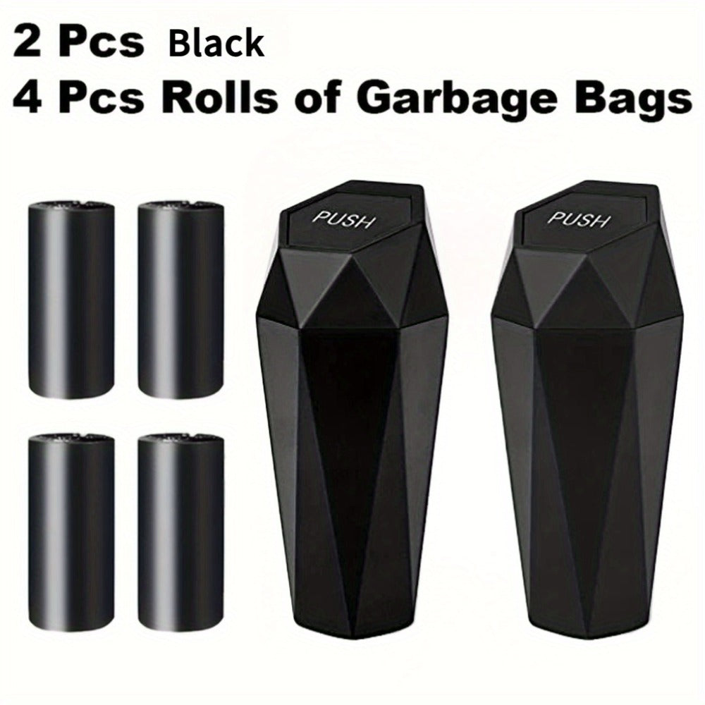 Car Trash Can with Trash Bags – Mini Diamond Design Car Bin Set, 2 Cans + 60 Bags (4 Rolls), One-Button Lid, Fits Cars Trucks SUVs – Car Interior Organizer