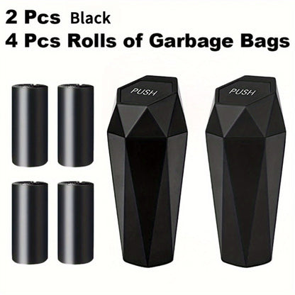 Car Trash Can with Trash Bags – Mini Diamond Design Car Bin Set, 2 Cans + 60 Bags (4 Rolls), One-Button Lid, Fits Cars Trucks SUVs – Car Interior Organizer