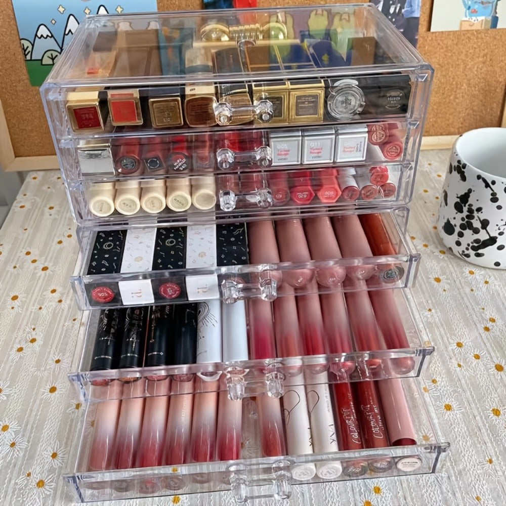 Clear Acrylic Makeup Organizer 5-Tier with Drawers Dustproof Cosmetic Storage for Lipstick Foundation Brushes Skincare — No Installation Vanity Bathroom Office Desk
