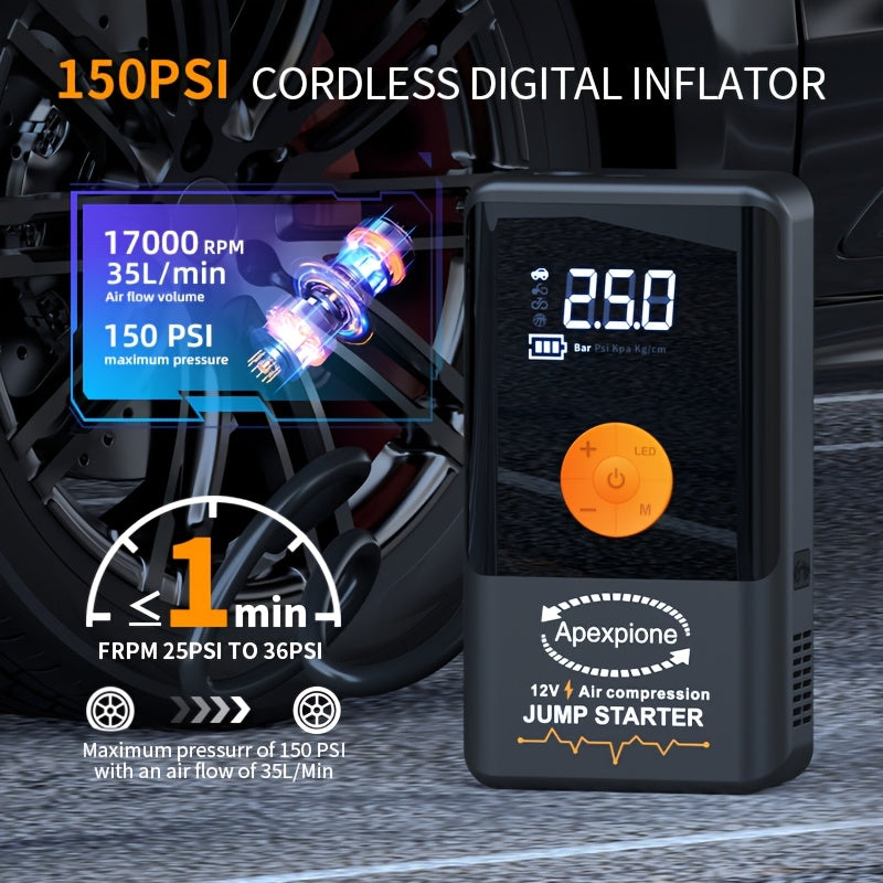 10000A-18000A High-current Car Starter with Air Compressor, 366PSI Inflator, for 12V (ALL Gas/ALL Diesel). Smart Cables, Protections, Fast USB, LED Light, Storage Bag. Hurricane Emergency Lighting, Auto Tool.Nice Gift