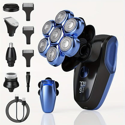 7D Head Shaver Bald Men 5-in-1 Waterproof Wet Dry Electric Razor – Type-C Rechargeable 6500-7500RPM Rotary Grooming Kit with Nose Hair Trimmer for Home & Travel, Perfect Gift for Men