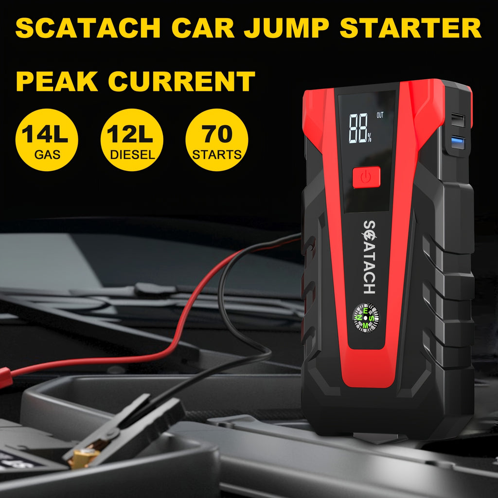 The Car Emergency Starter Power Supply Comes with A Digital Tire Pressure Gauge And Air Pump, A Window Breaker Hammer, And Is Suitable for 12V Cars, Trucks, SUV, Rvs, And Motorcycles. It Features A Multi-Functional Portable LED Display, SOS