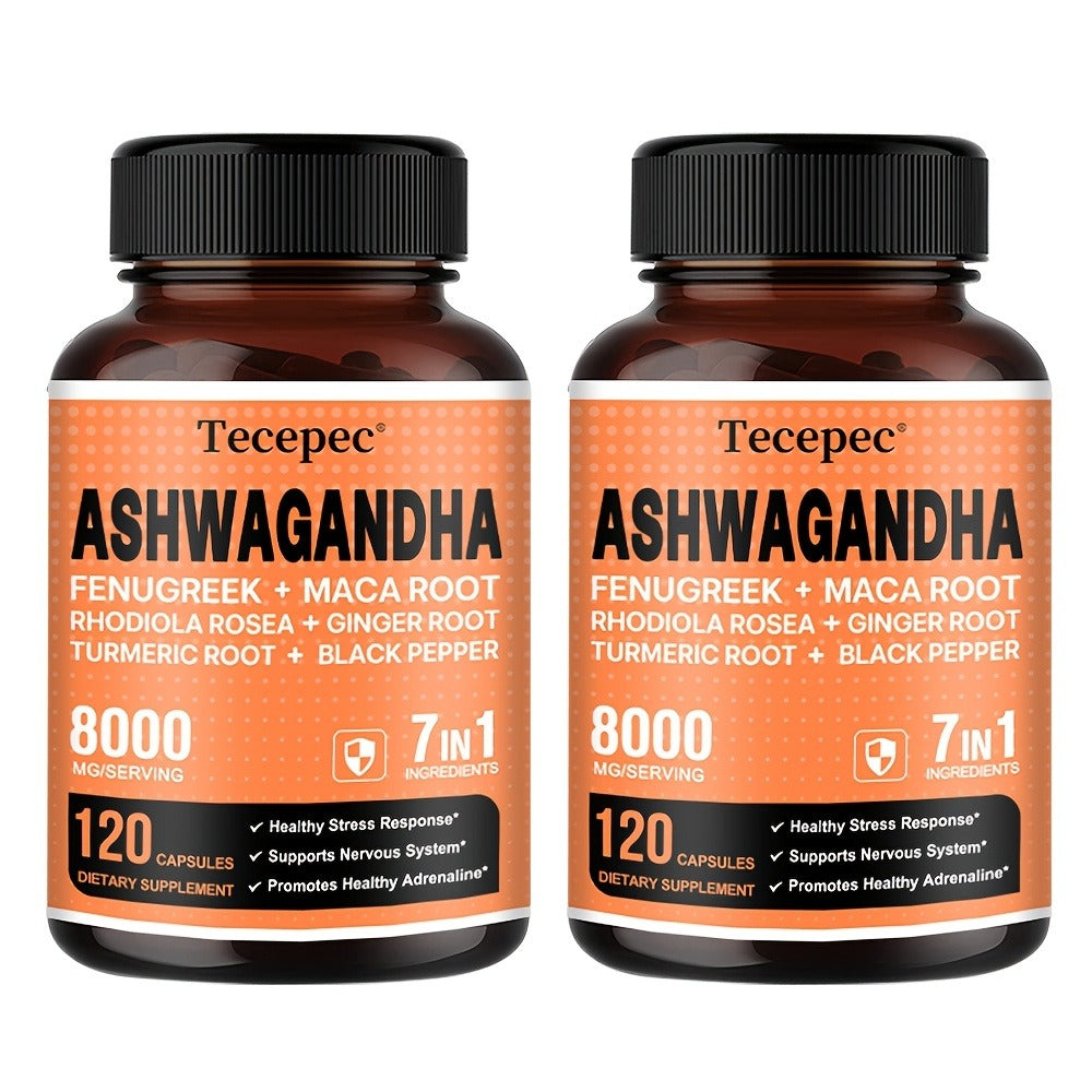 Ashwagandha Capsules 7-in-1 Adaptogen Blend 120ct with Maca Root Rhodiola Rosea Ginseng — Natural Stress Relief Cortisol Support Energy Focus Nerve Health Supplement for Men Women 1 & 2 Bottle