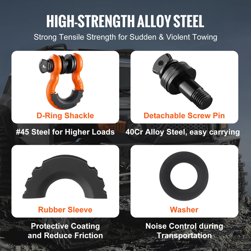 VEVOR 3/4" D-Ring Shackle, 2 Pack Alloy Steel Shackles 62832 lbs (28.5 Ton) Break Strength with 7/8" Screw Pin, Isolators & Washers, Heavy Duty Off Road Vehicle Recovery Shackle for Jeep Truck,Orange/Black/Red