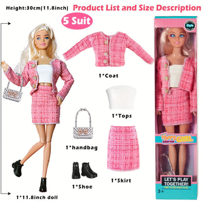 Fashion Doll Set 6 Pack 11.5 Inch Poseable Princess Dolls with Stylish Outfits Handbag Hat Crown Necklace Suitcase Individual Gift Box for Girls Kids Birthday Christmas