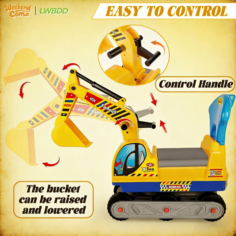 Ride-On Excavator Toy for Kids with Manual Digging Arm – Sit-In Construction Vehicle Scooter for Boys Girls Ages 3+ Outdoor Sandbox Digger Birthday Gift Supports up to 52.7 lbs