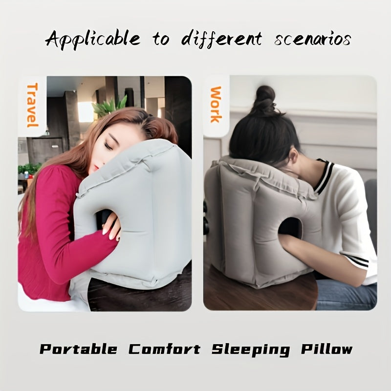 Portable Inflatable Nap Pillow - Comfortable Neck Support For Aviation, Train, Car And Office Use, Easy Nap Air Cushion, Soft Microfiber Cover, Gray