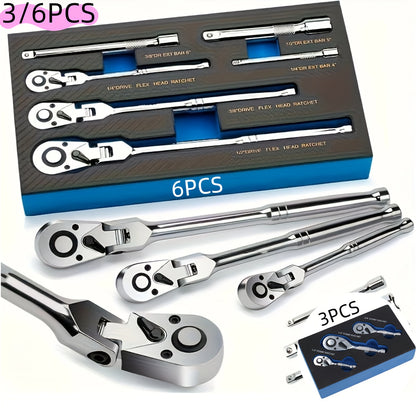 3pcs/6pcs Traction Head Ratchet Kit, 1/4", 3/8", 1/2" Drive, Extended Head Ratchet With Wrench, 72 Teeth, 180° Adjustable, Quick Release, Bendable Ratchet Handle, With EVA Sponge Tool Set