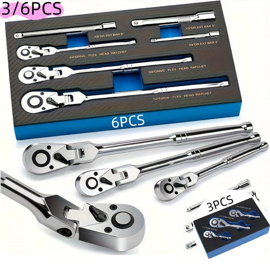 3pcs/6pcs Traction Head Ratchet Kit, 1/4", 3/8", 1/2" Drive, Extended Head Ratchet With Wrench, 72 Teeth, 180° Adjustable, Quick Release, Bendable Ratchet Handle, With EVA Sponge Tool Set