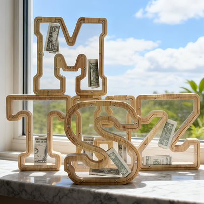 Alphabet Wooden Money Bank for Adults A to Z Letter Piggy Bank – Personalized Coin Bank Home Decor Craft Art Decoration, Ideal Gift for Ages 14 and Up