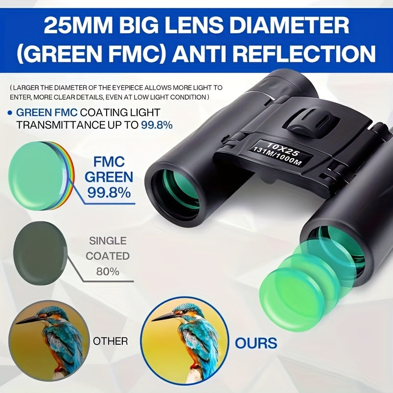 Compact Binoculars 10x25 Mini Pocket Size with Smartphone Adapter, Lightweight HD Binoculars for Bird Watching Hunting Concerts Hiking Travel, Small Portable Telescope for Adults and Kids