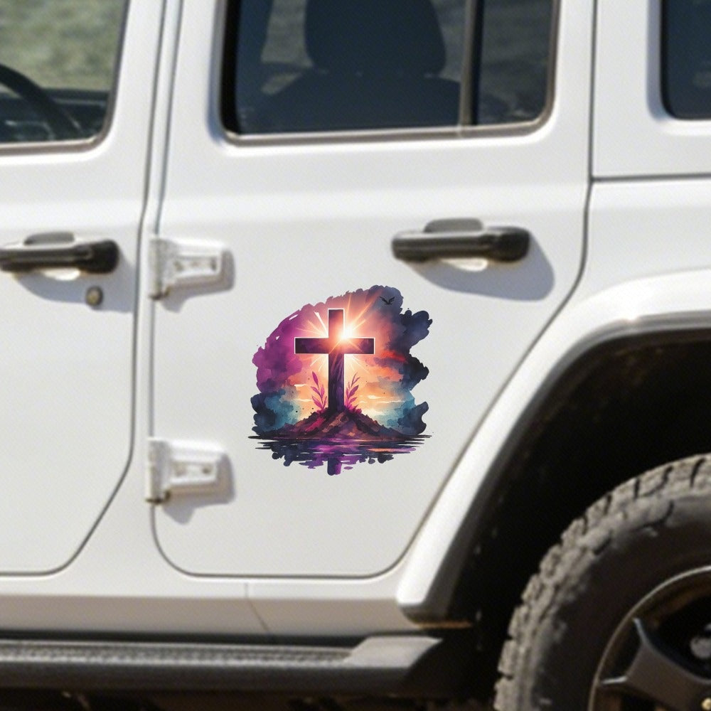 Car Window Decals Vinyl Cross Sunset Sky Stickers – Funny Bumper Sticker for Cars, Trucks & SUVs, Waterproof Outdoor Vinyl Decal, Christian Faith Mountain Scene, 1pc or 4pcs Set
