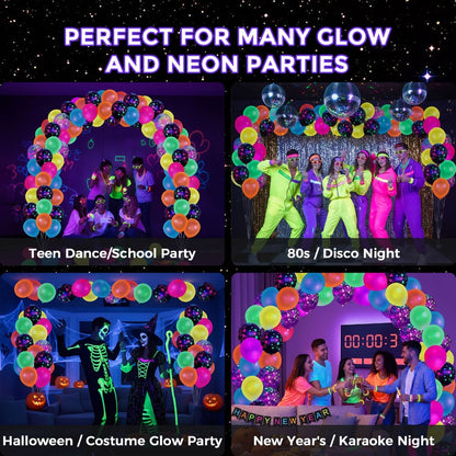 UV Neon Glow Balloons 42 Pcs Assorted – 12 Inch Blacklight Fluorescent Glow in the Dark Balloons with Neon Stars for Glow Party, Birthday, Wedding & Halloween Decorations